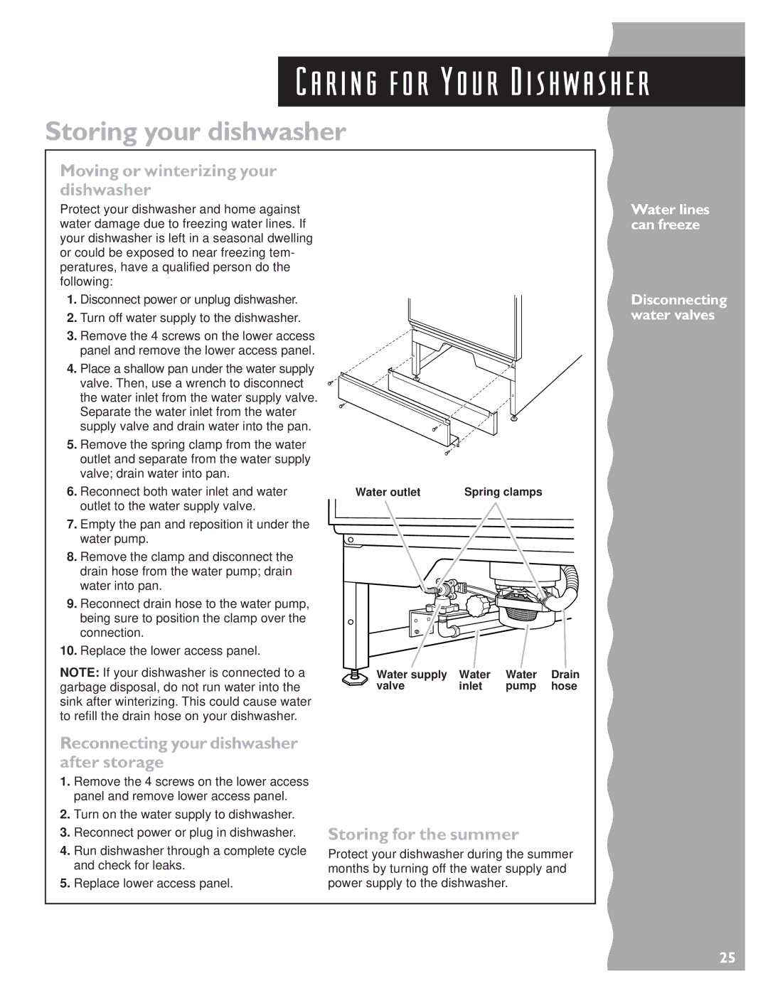 KitchenAid KUDS24SE, KUDC24SE Storing your dishwasher, Moving or winterizing your dishwasher, Storing for the summer 