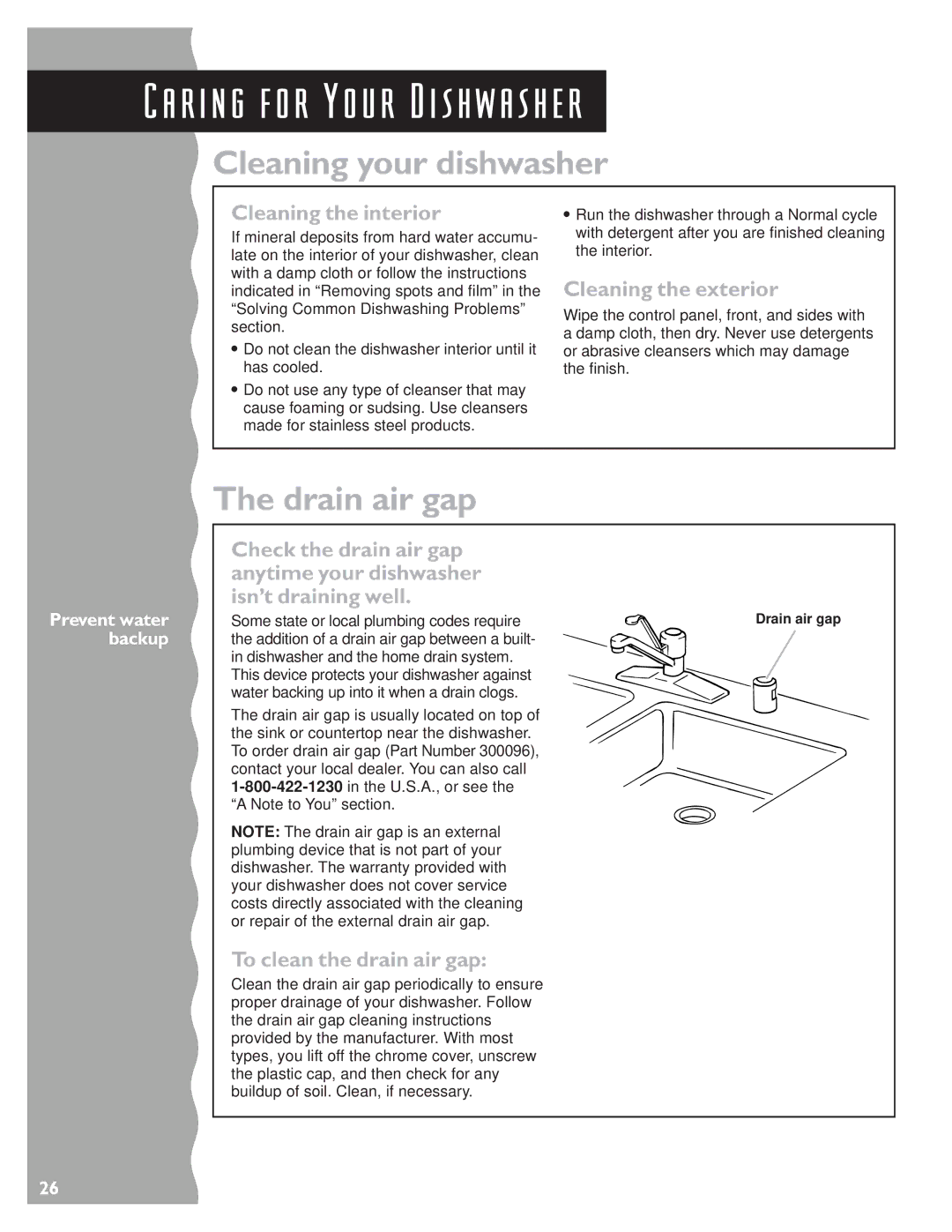 KitchenAid KUDC24SE, KUDS24SE warranty Cleaning your dishwasher, Drain air gap, Cleaning the interior, Cleaning the exterior 