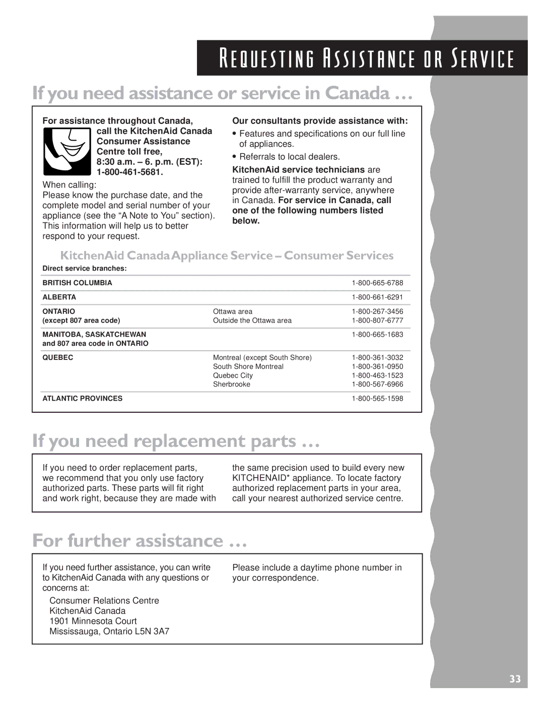 KitchenAid KUDS24SE If you need assistance or service in Canada …, KitchenAid CanadaAppliance Service Consumer Services 