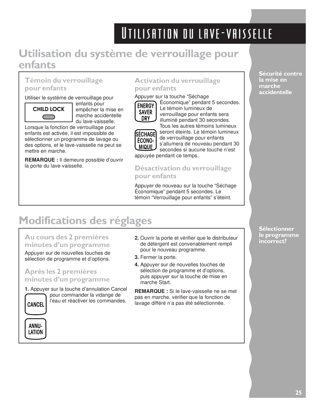 KitchenAid KUDS24SE, KUDC24SE warranty Utilisation du système de verrouillage pour enfants, Modifications des réglages 