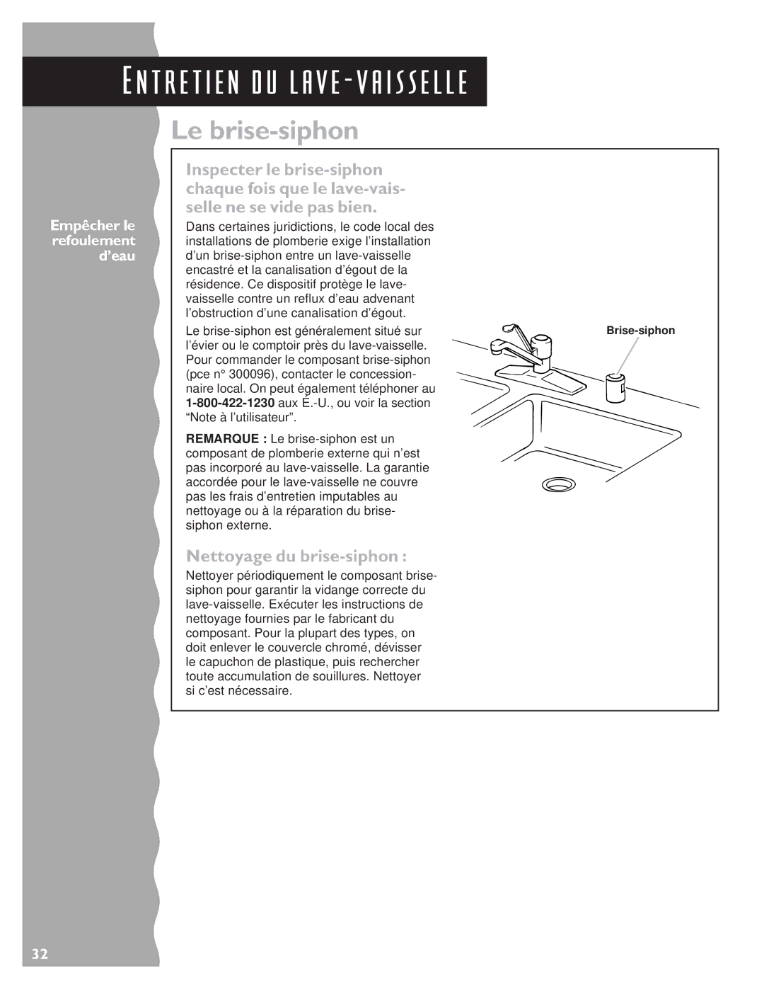 KitchenAid KUDC24SE, KUDS24SE warranty Le brise-siphon, Nettoyage du brise-siphon, Empêcher le refoulement d’eau 