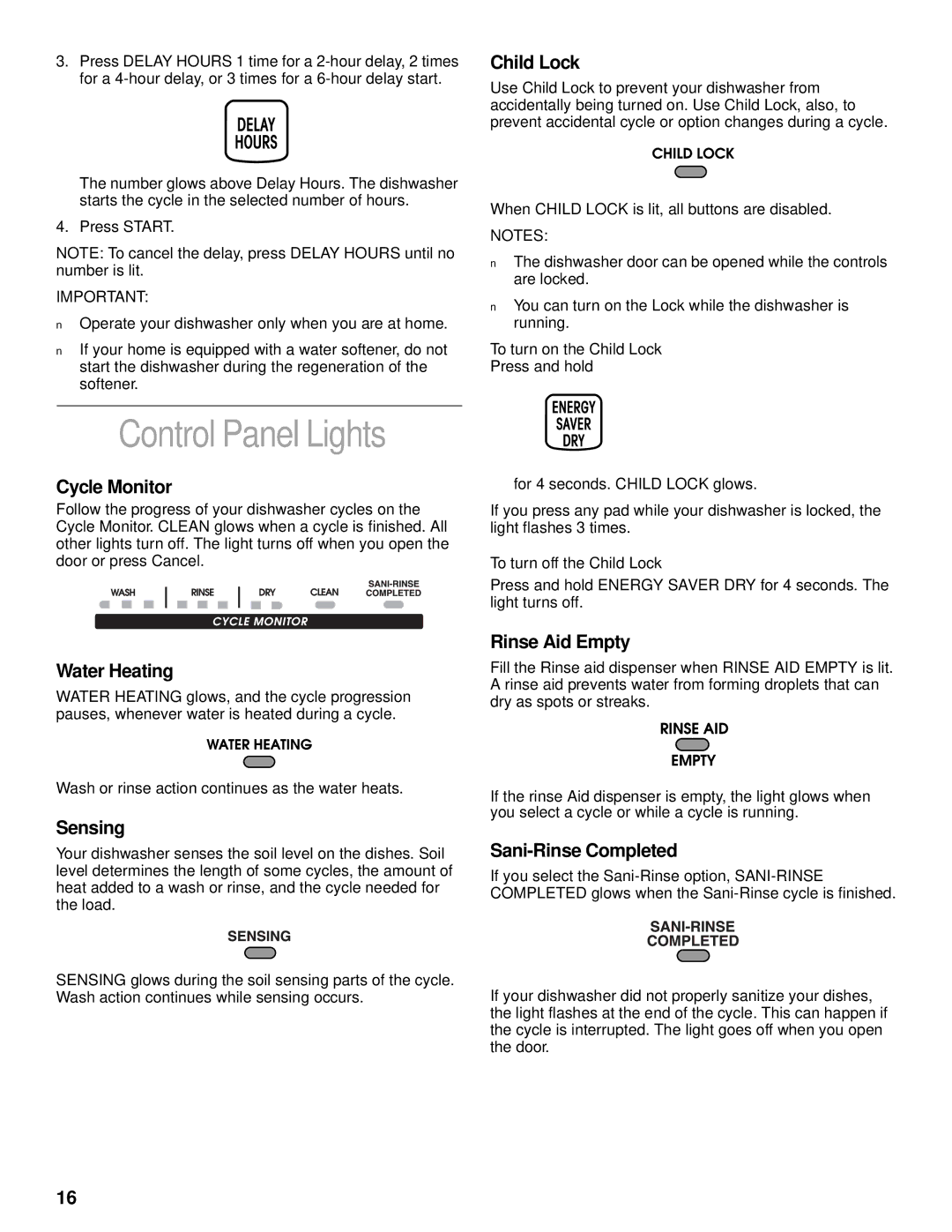 KitchenAid KUDC25CH, KUDS25SH manual Control Panel Lights 