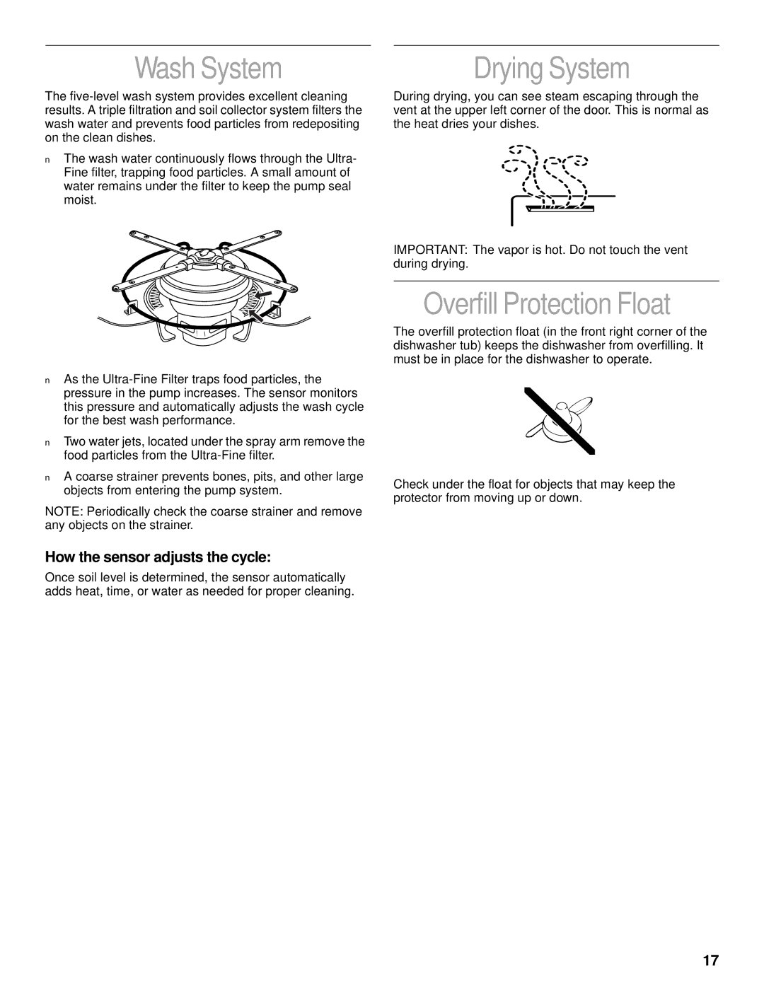 KitchenAid KUDS25SH, KUDC25CH manual Wash System, Drying System, Overfill Protection Float, How the sensor adjusts the cycle 