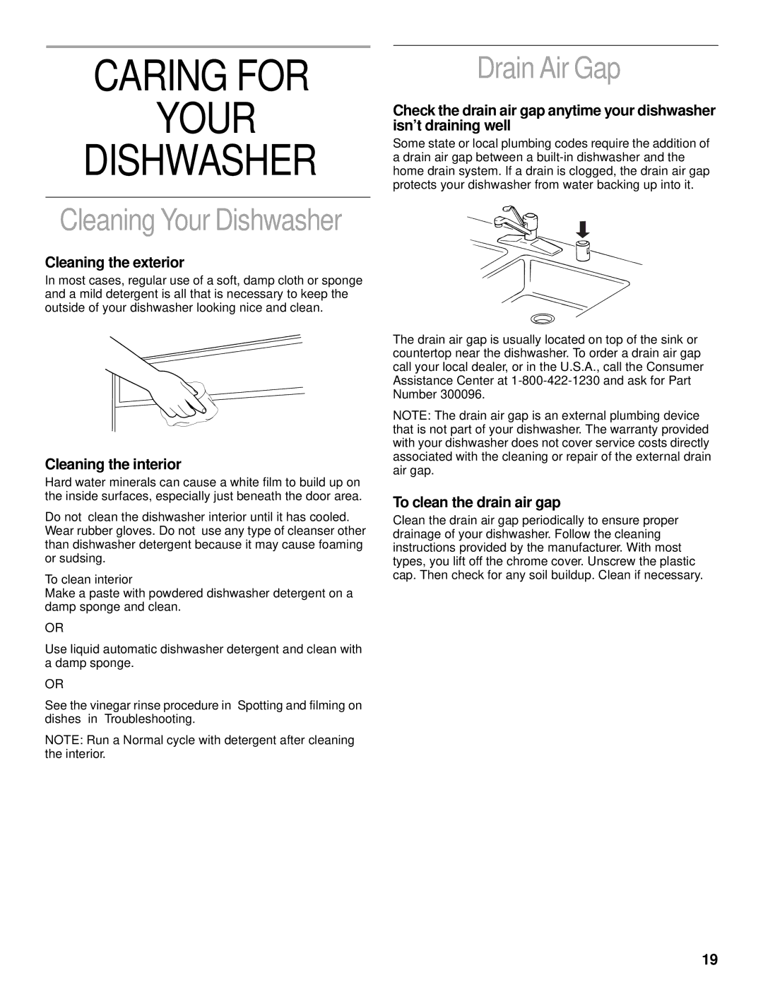 KitchenAid KUDS25SH, KUDC25CH manual Caring for Your Dishwasher, Drain Air Gap, Cleaning Your Dishwasher 