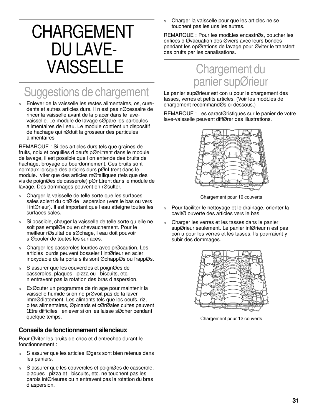 KitchenAid KUDS25SH manual Chargement DU Lave Vaisselle, Suggestions de chargement, Conseils de fonctionnement silencieux 