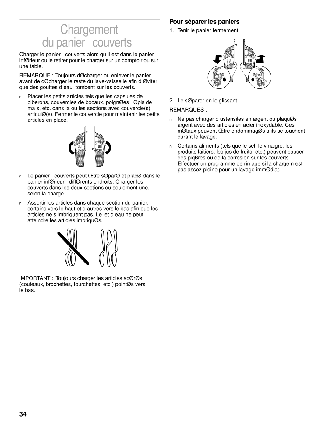 KitchenAid KUDC25CH, KUDS25SH manual Chargement Du panier à couverts, Pour séparer les paniers 