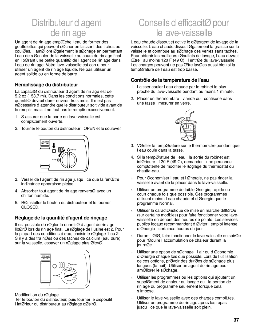 KitchenAid KUDS25SH Distributeur d’agent De rinçage, Conseils d’efficacité pour Le lave-vaisselle, Modification du réglage 