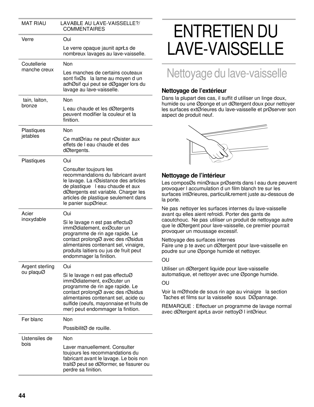 KitchenAid KUDC25CH manual Entretien DU, Nettoyage du lave-vaisselle, Nettoyage de l’extérieur, Nettoyage de l’intérieur 