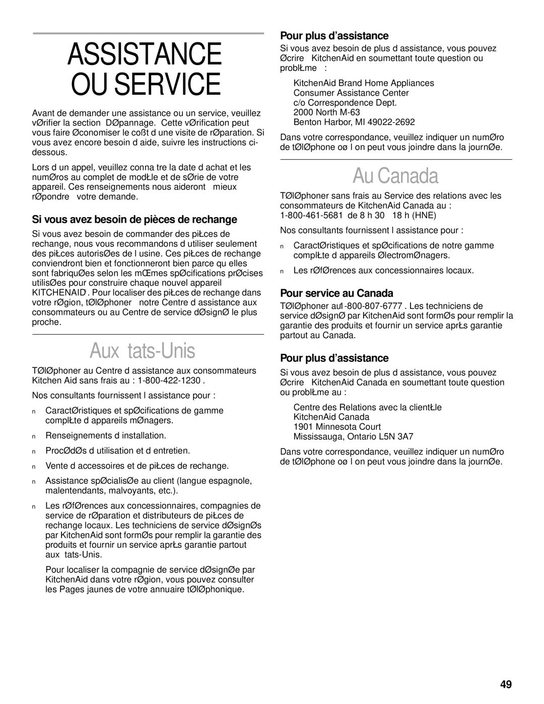 KitchenAid KUDS25SH, KUDC25CH manual Assistance OU Service, Aux États-Unis, Au Canada 