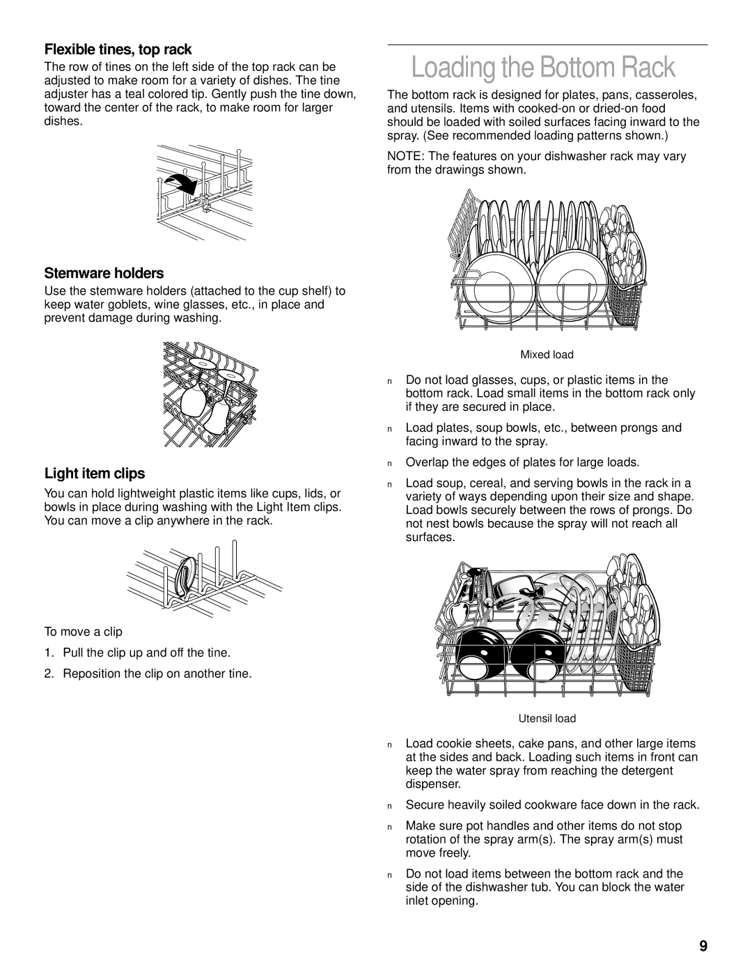 KitchenAid KUDS25SH Loading the Bottom Rack, Flexible tines, top rack, Stemware holders, Light item clips, To move a clip 