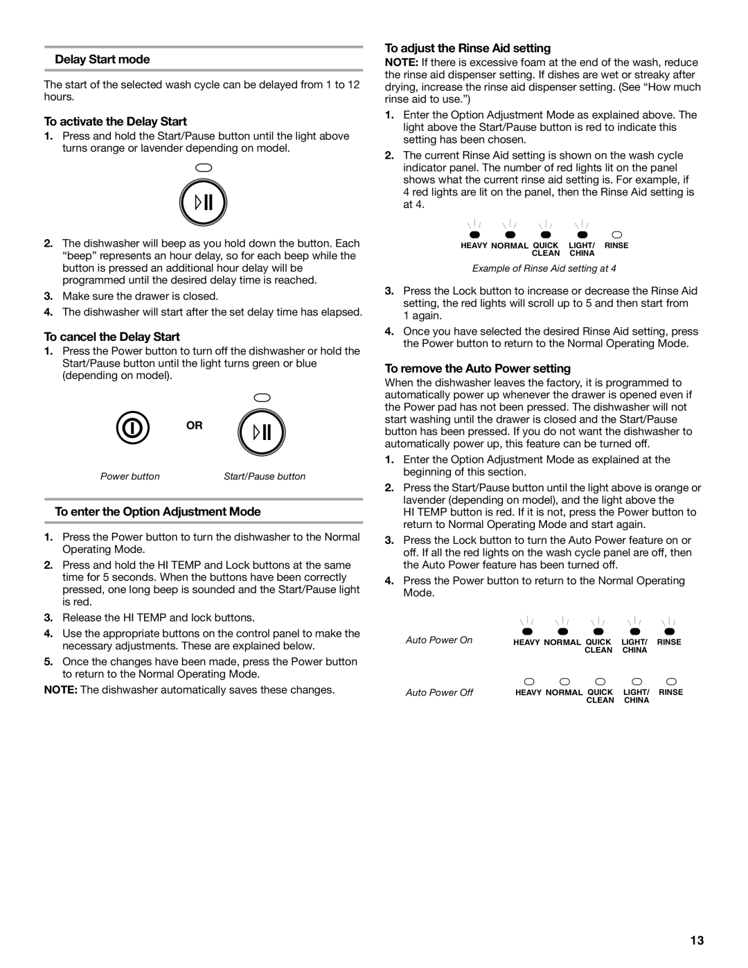 KitchenAid KUDD01DP manual Delay Start mode, To activate the Delay Start, To cancel the Delay Start 