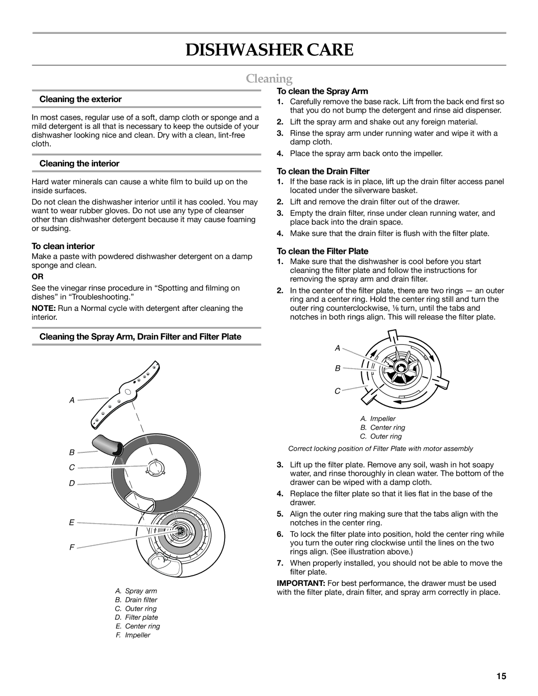 KitchenAid KUDD01DP manual Dishwasher Care, Cleaning 