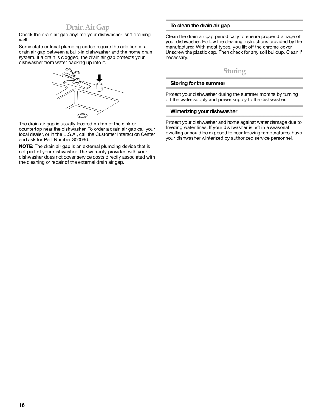 KitchenAid KUDD01DP Drain Air Gap, To clean the drain air gap, Storing for the summer, Winterizing your dishwasher 