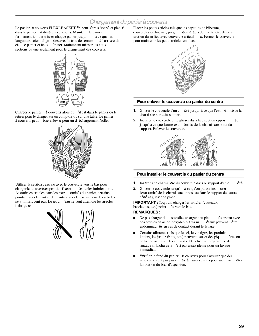 KitchenAid KUDD01DP manual Chargementdu panier à couverts, Pour enlever le couvercle du panier du centre 