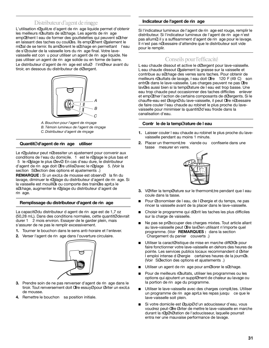 KitchenAid KUDD01DP manual Distributeur d’agentde rinçage, Conseils pour lefficacité 