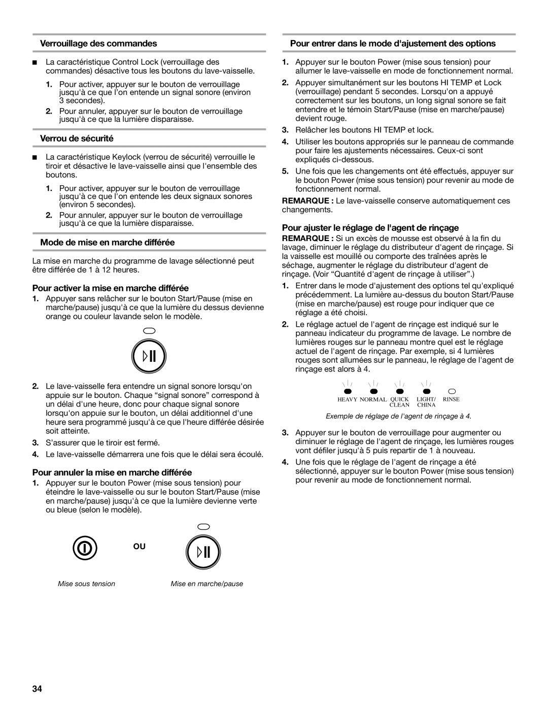 KitchenAid KUDD01DP manual Verrouillage des commandes, Verrou de sécurité, Mode de mise en marche différée 