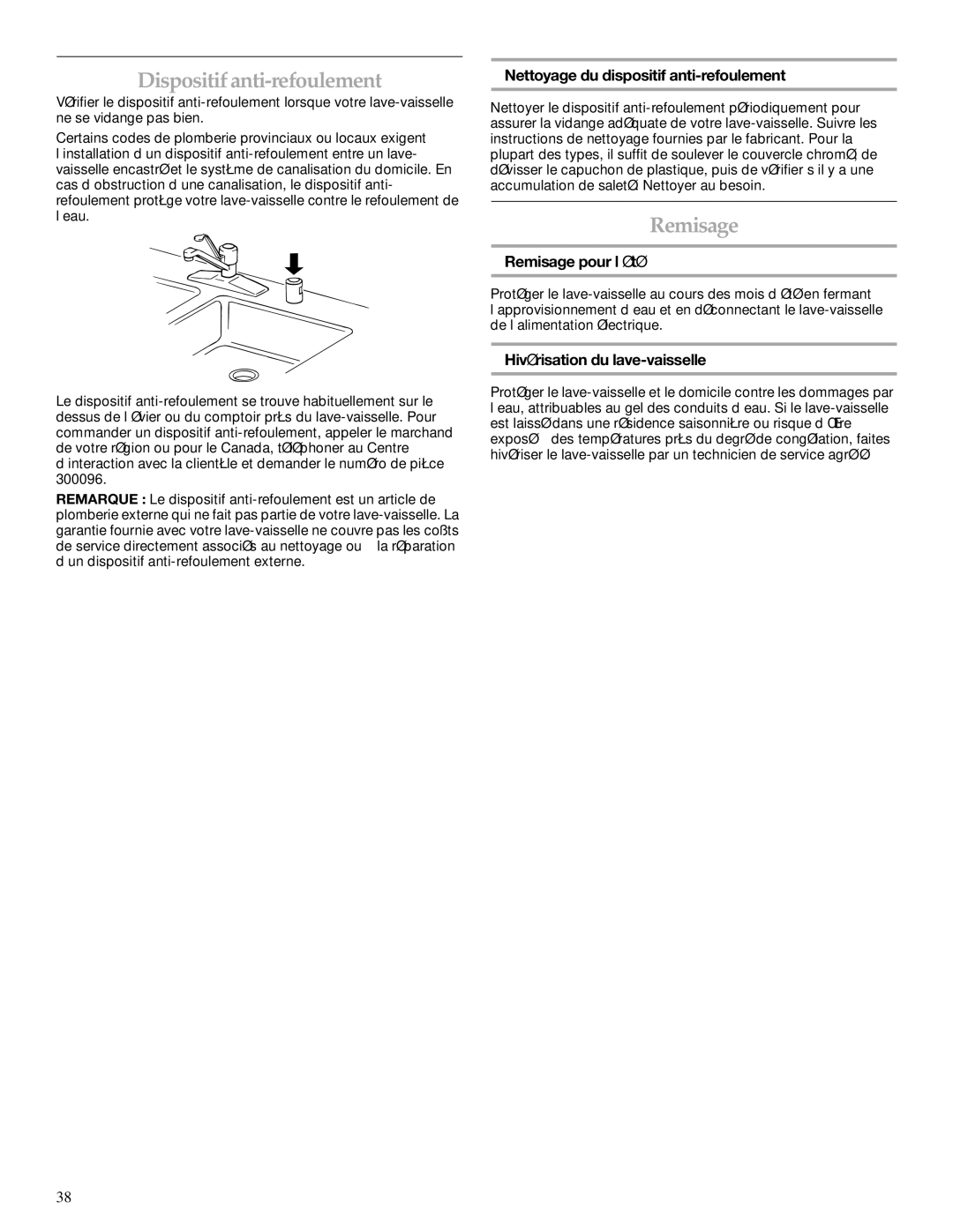 KitchenAid KUDD01DP manual Dispositif anti-refoulement, Nettoyage du dispositif anti-refoulement, Remisage pour l’été 