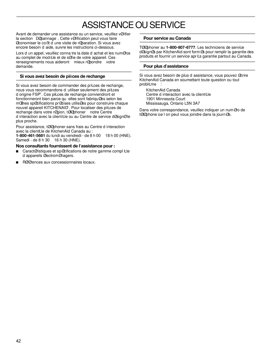 KitchenAid KUDD01DP manual Assistance OU Service, Si vous avez besoin de pièces de rechange, Pour service au Canada 