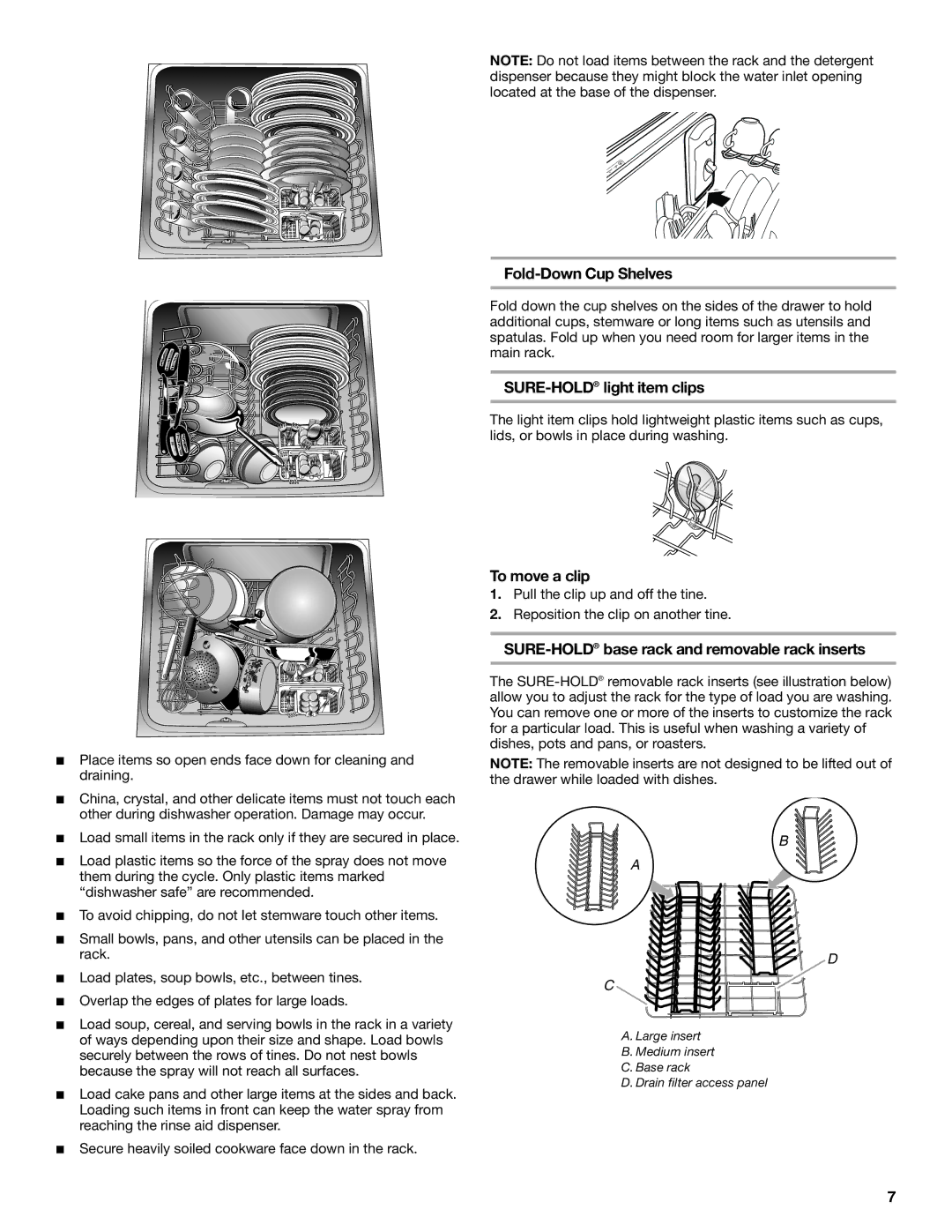 KitchenAid KUDD01DP manual Fold-Down Cup Shelves, SURE-HOLDlight item clips, To move a clip 