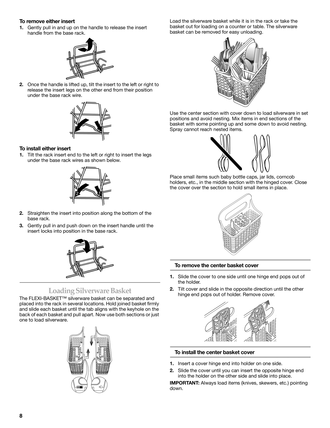 KitchenAid KUDD01DP manual LoadingSilverware Basket, To remove either insert, To install either insert 