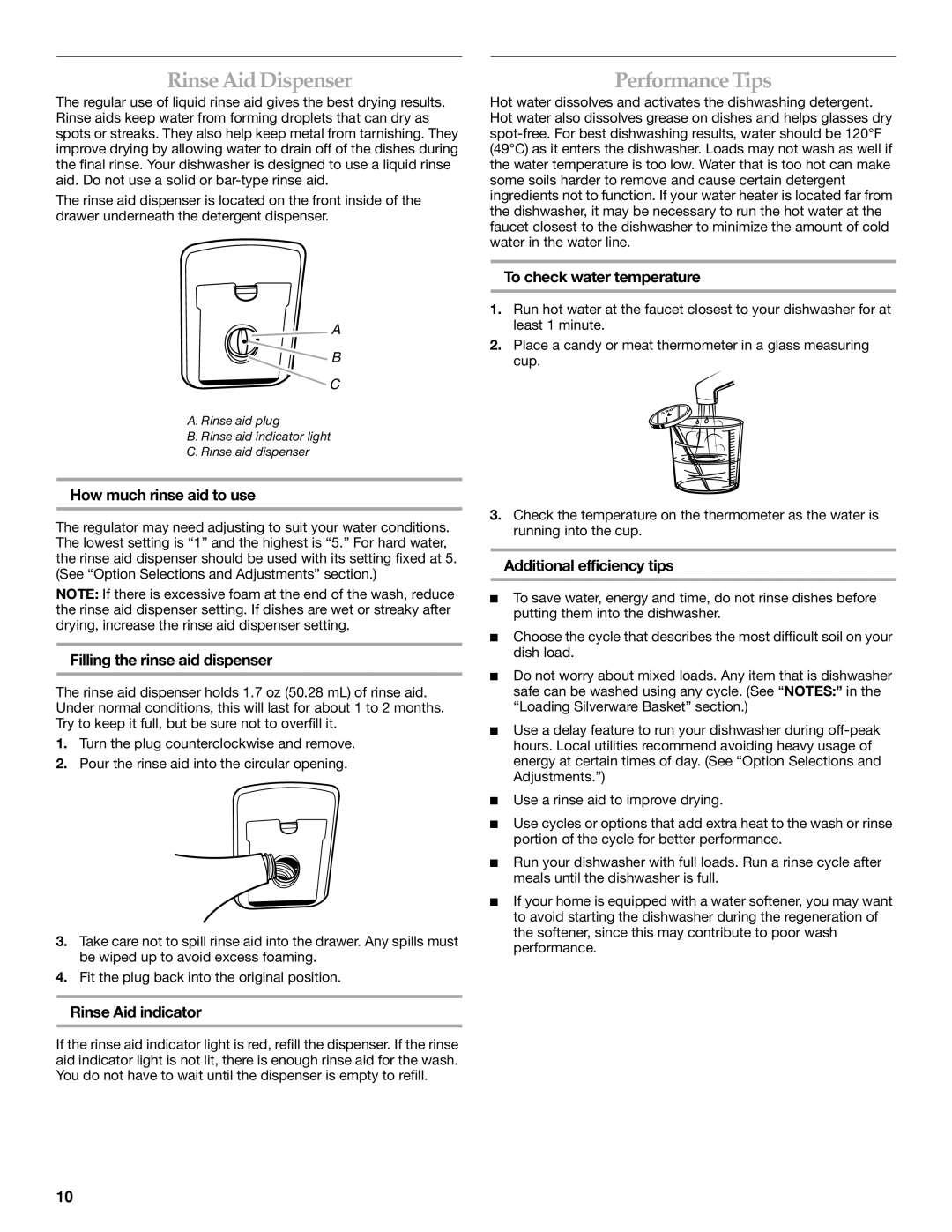 KitchenAid KUDD01DPPA, 8573754 manual Rinse Aid Dispenser, Performance Tips 