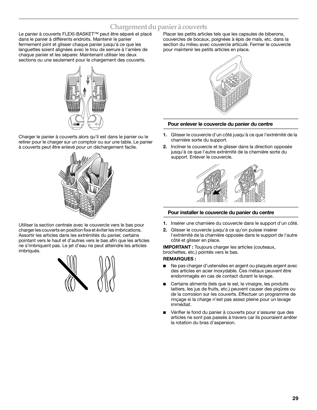 KitchenAid 8573754, KUDD01DPPA manual Chargementdu panier à couverts, Pour enlever le couvercle du panier du centre 