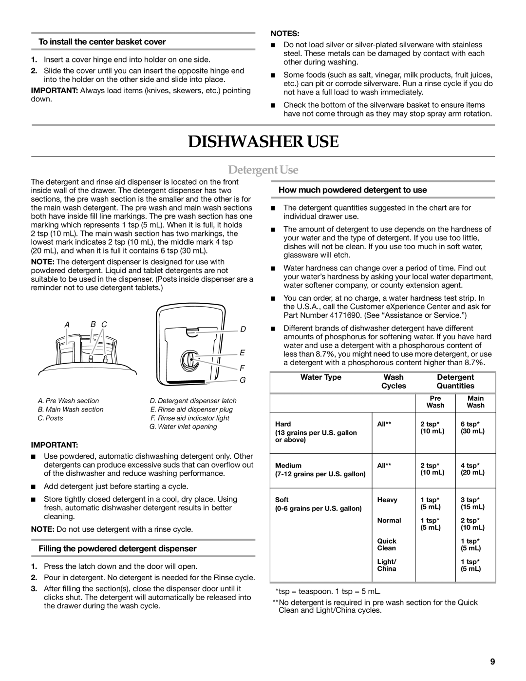 KitchenAid 8573754 Dishwasher USE, Detergent Use, To install the center basket cover, How much powdered detergent to use 