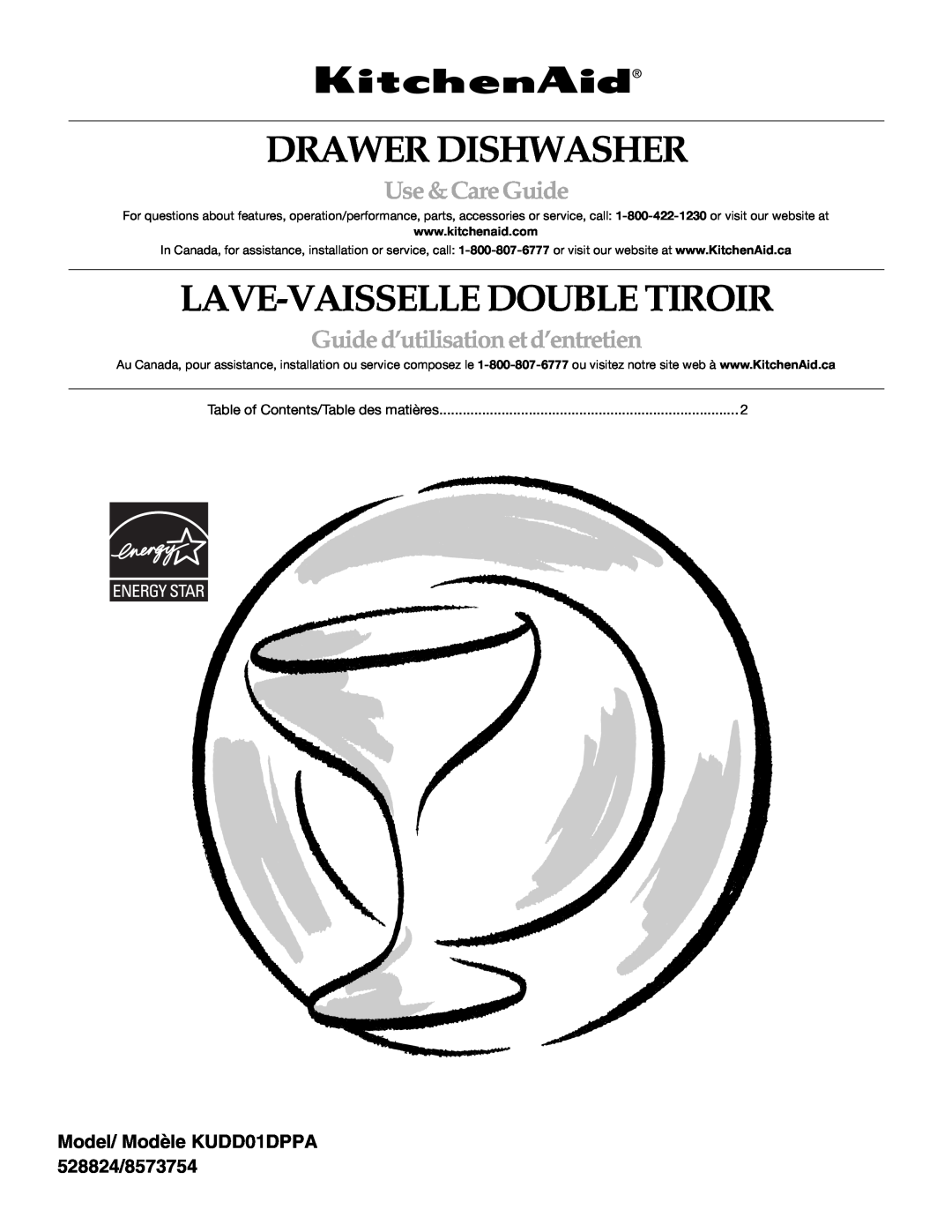KitchenAid manual Model/ Modèle KUDD01DPPA 528824/8573754, Drawer Dishwasher, Lave-Vaisselle Double Tiroir 