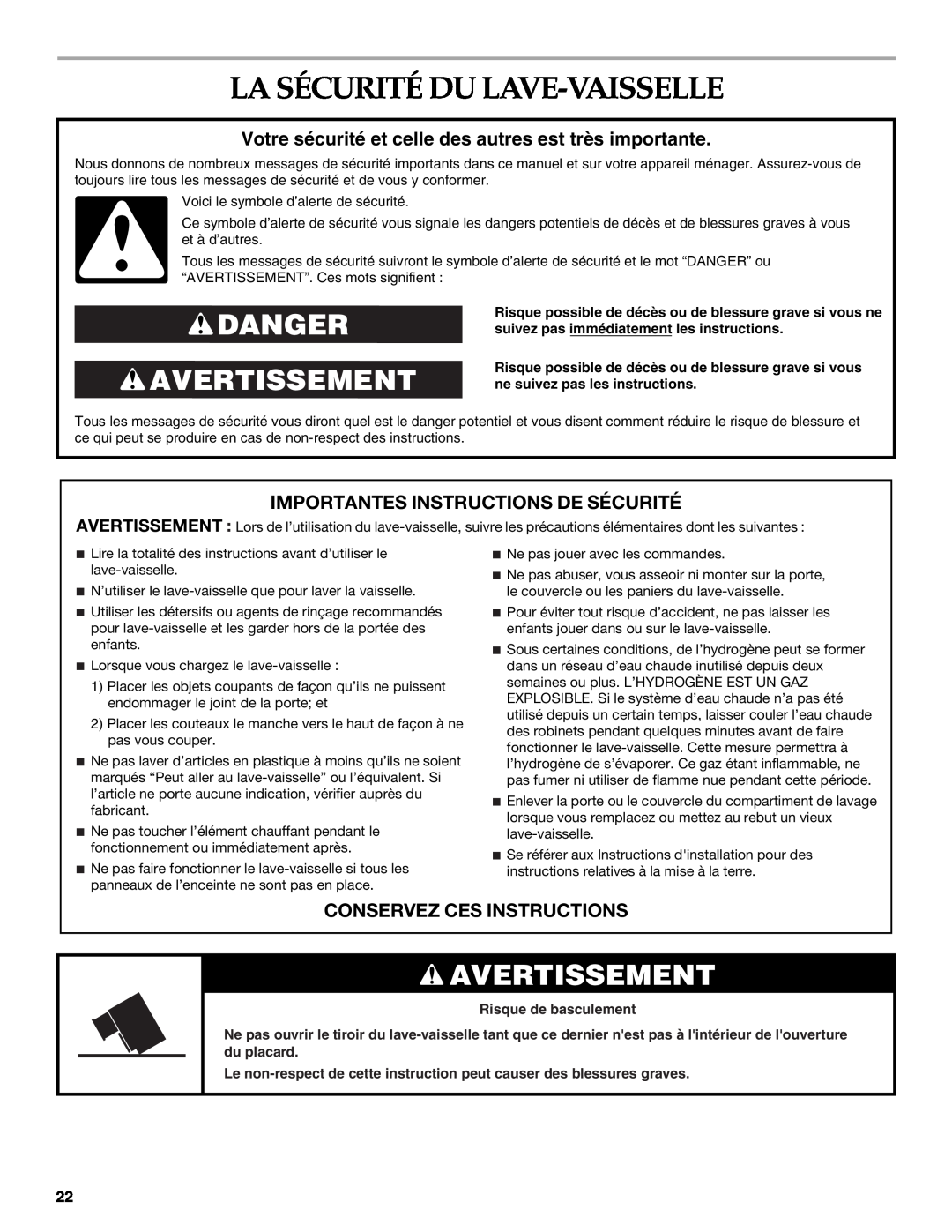 KitchenAid KUDD01DPPA, 8573754 La Sécurité Du Lave-Vaisselle, Danger Avertissement, Importantes Instructions De Sécurité 