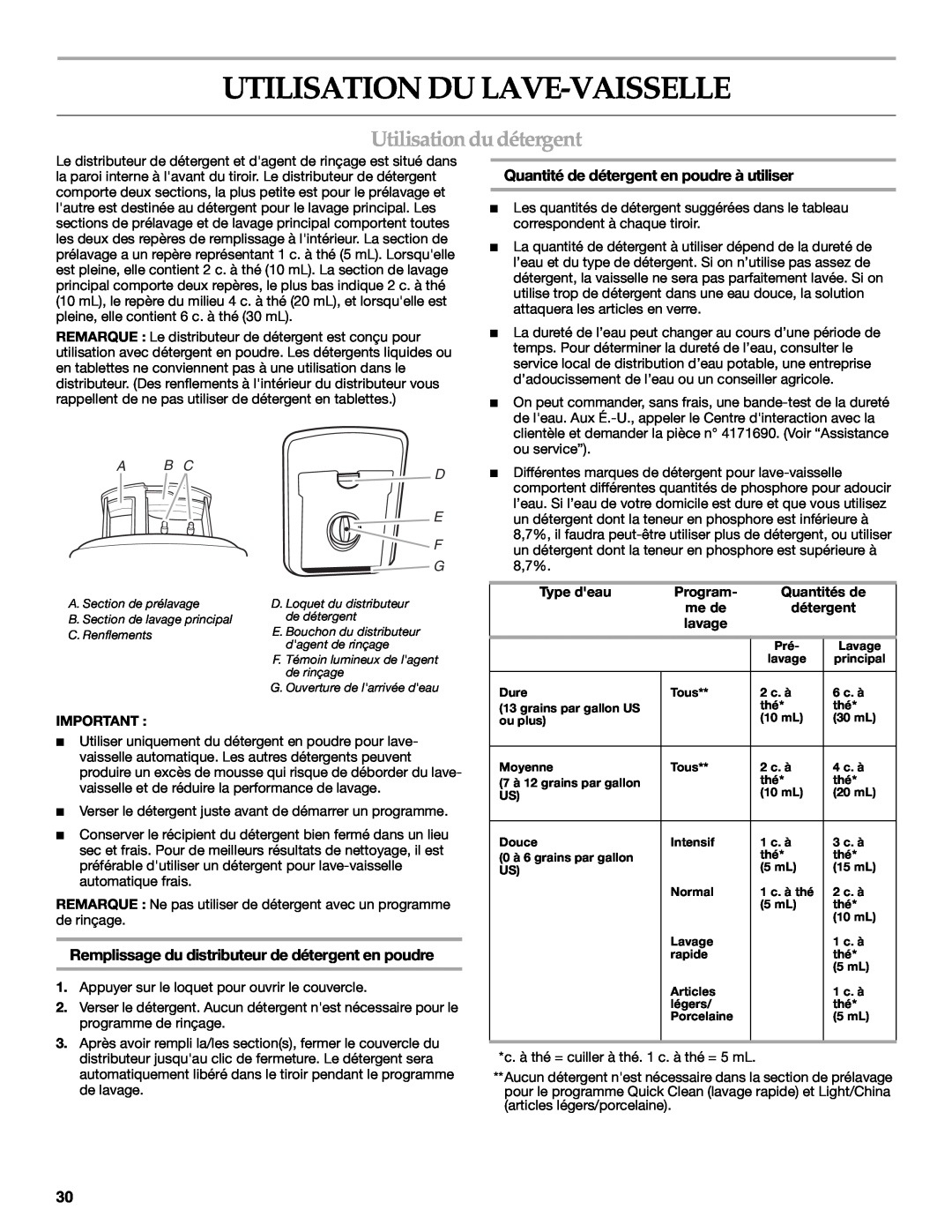 KitchenAid KUDD01DPPA Utilisation Du Lave-Vaisselle, Utilisation du détergent, Quantité de détergent en poudre à utiliser 
