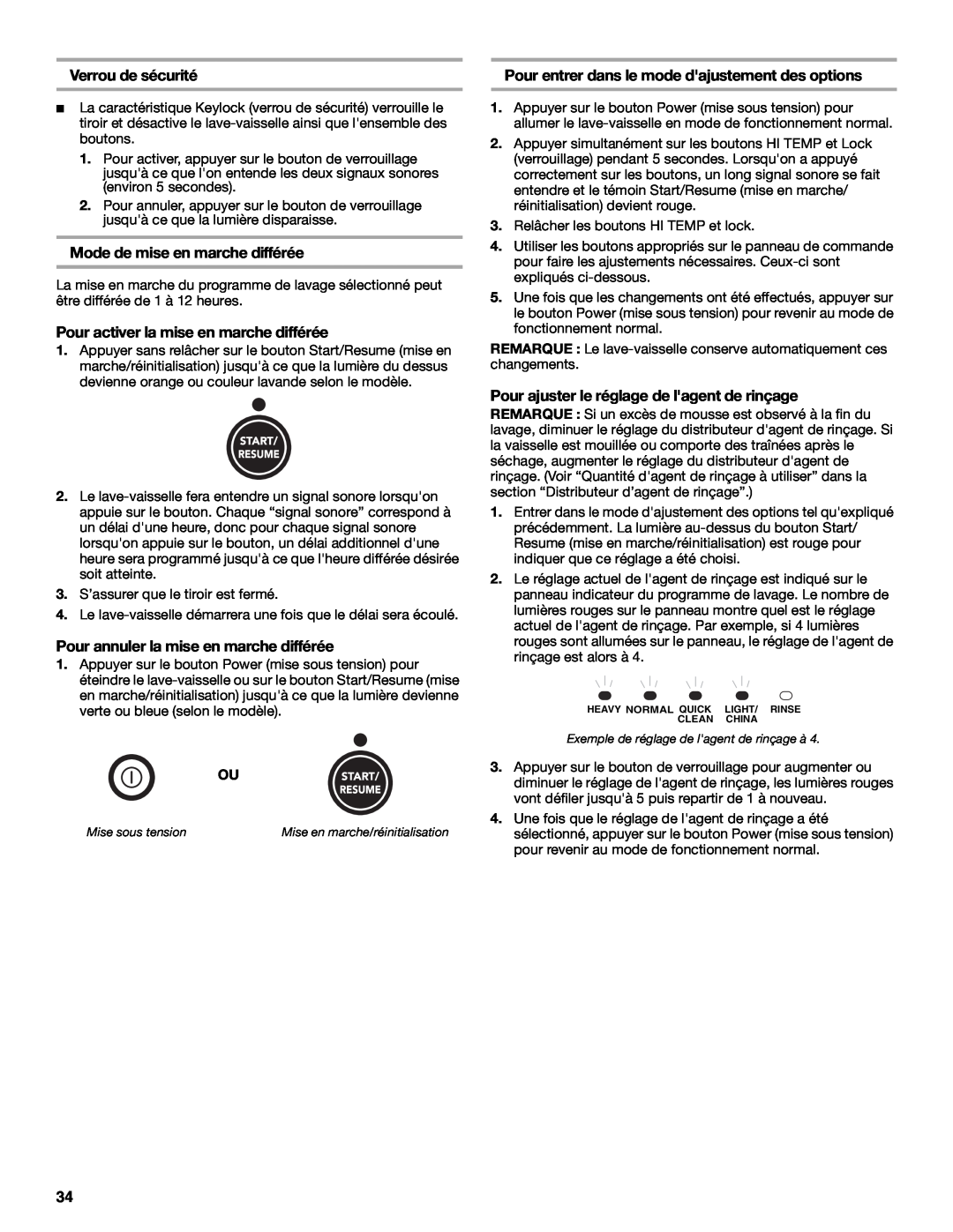 KitchenAid KUDD01DPPA manual Verrou de sécurité, Mode de mise en marche différée, Pour activer la mise en marche différée 