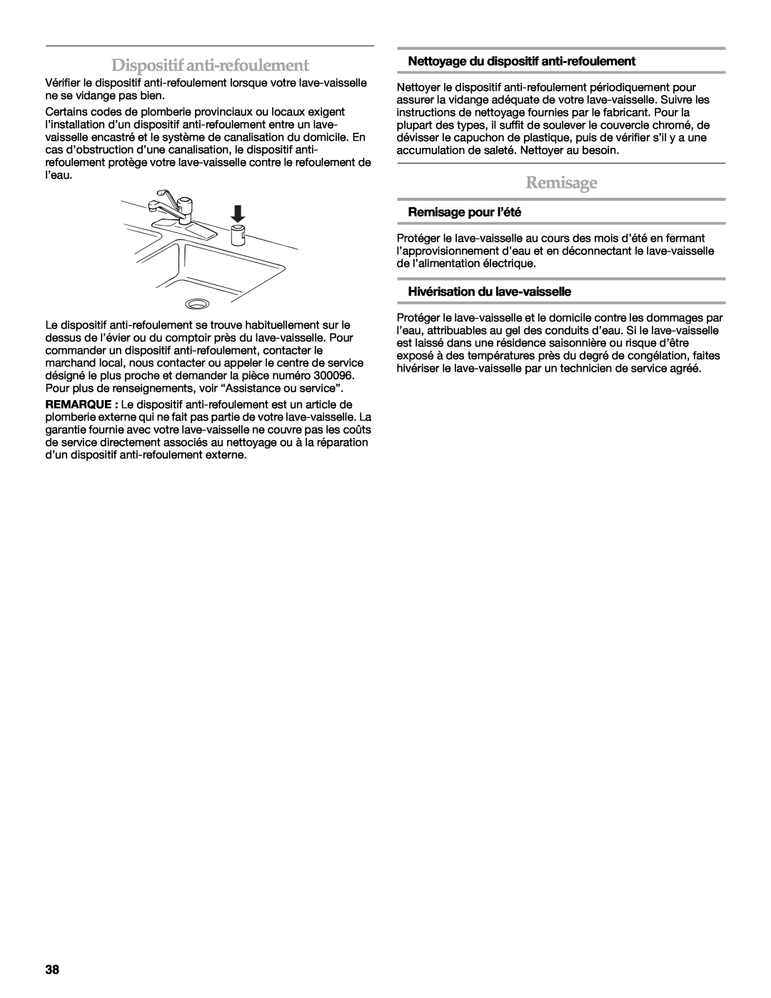 KitchenAid KUDD01DPPA manual Dispositif anti-refoulement, Nettoyage du dispositif anti-refoulement, Remisage pour l’été 