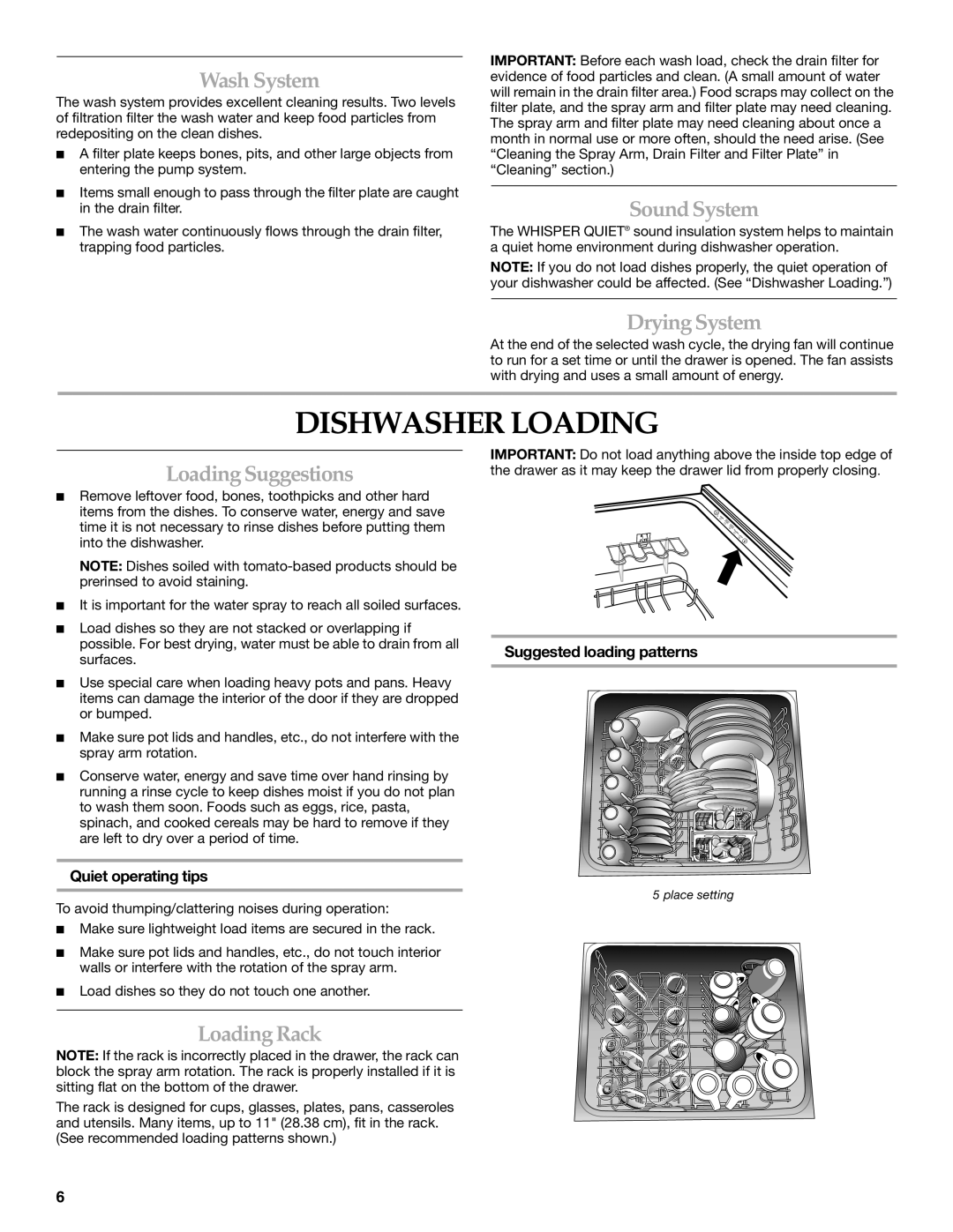 KitchenAid KUDD01DPPA manual Dishwasher Loading, Wash System, Sound System, Drying System, Loading Suggestions, LoadingRack 