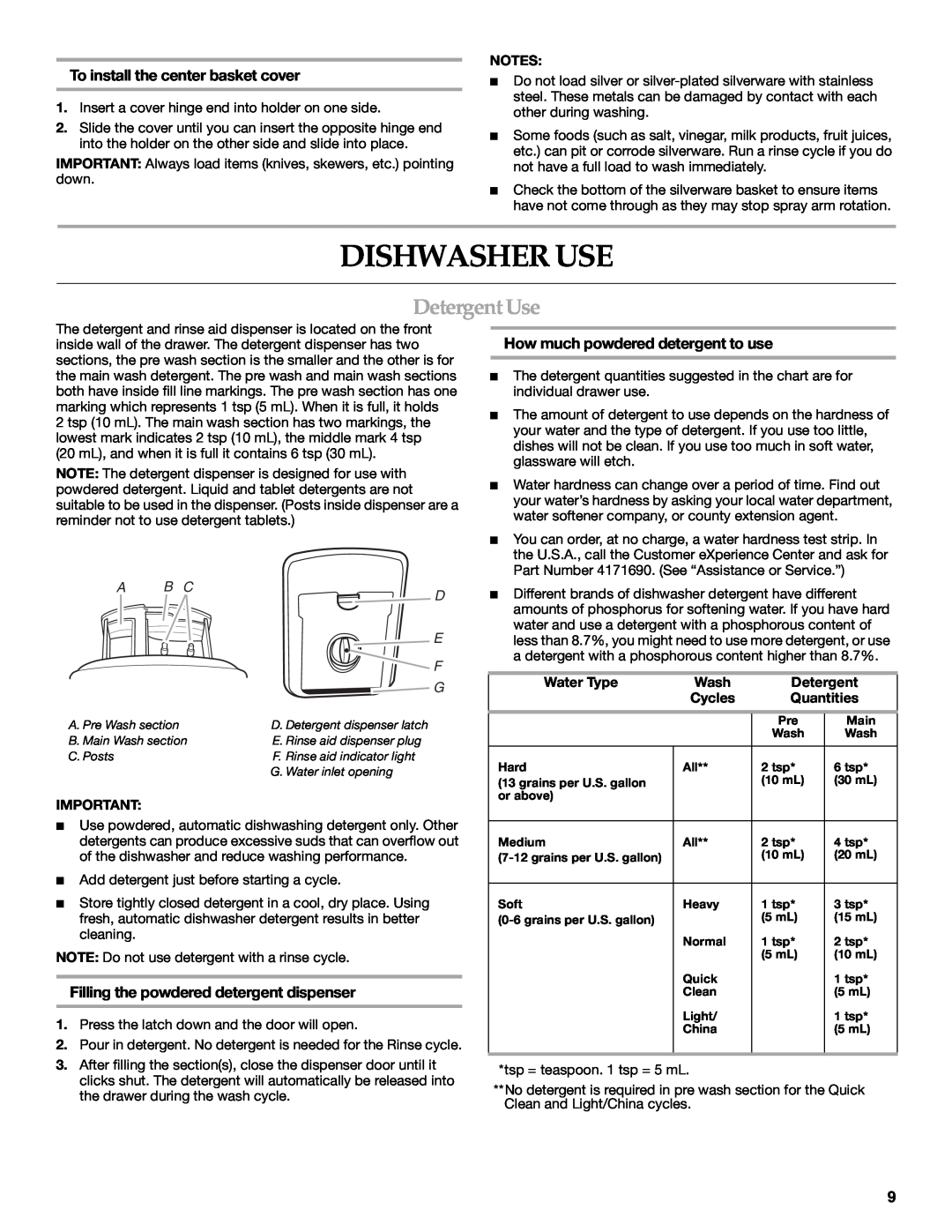 KitchenAid 8573754 Dishwasher Use, Detergent Use, To install the center basket cover, How much powdered detergent to use 