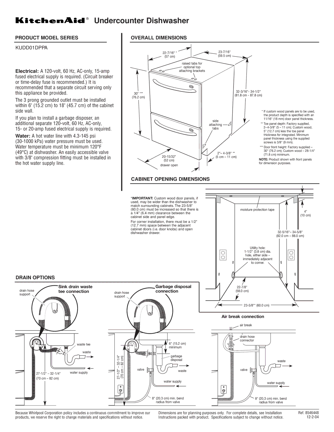 KitchenAid KUDD01DPPA dimensions Product Model Series Overall Dimensions, Cabinet Opening Dimensions, Drain Options 