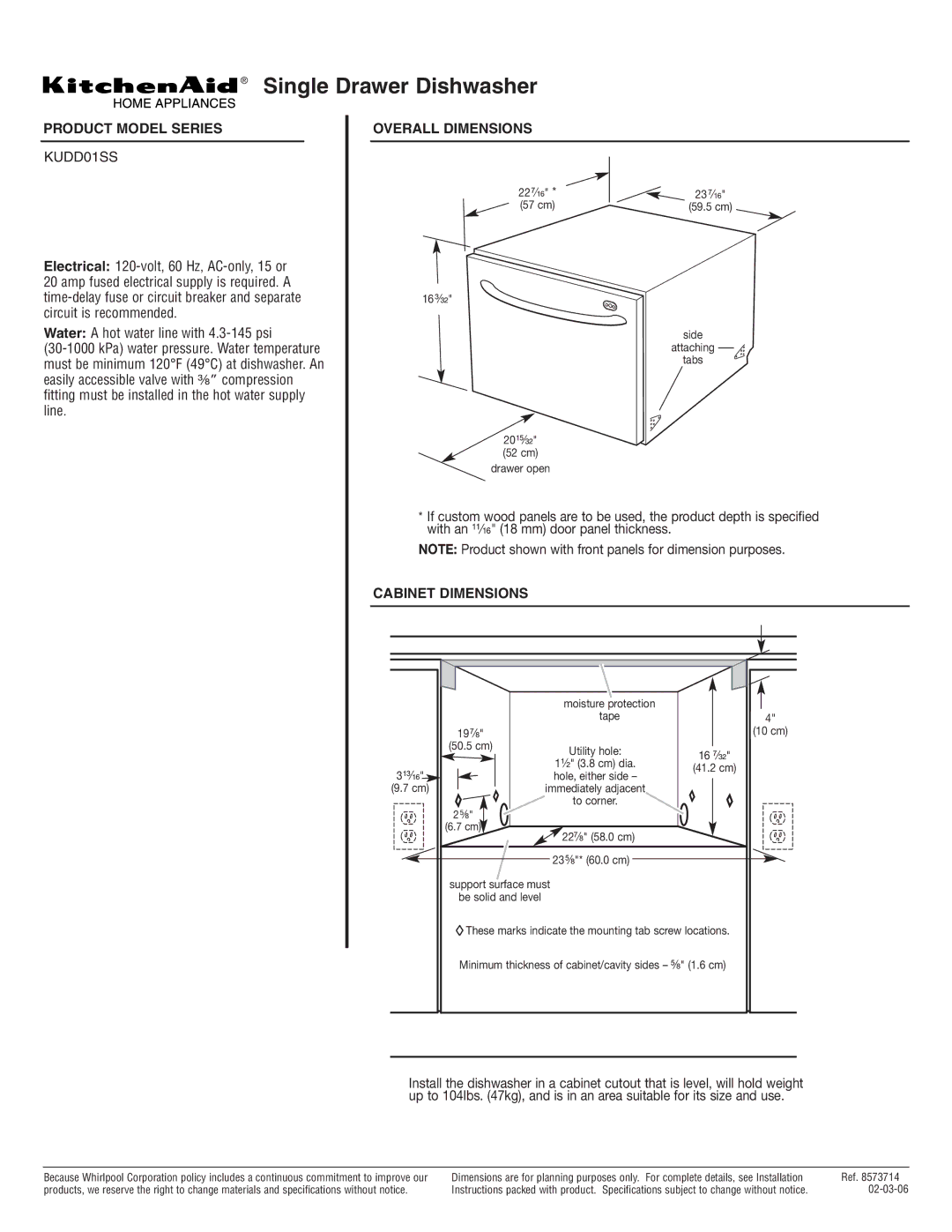 KitchenAid KUDD01SS dimensions Product Model Series, Overall Dimensions, Cabinet Dimensions 