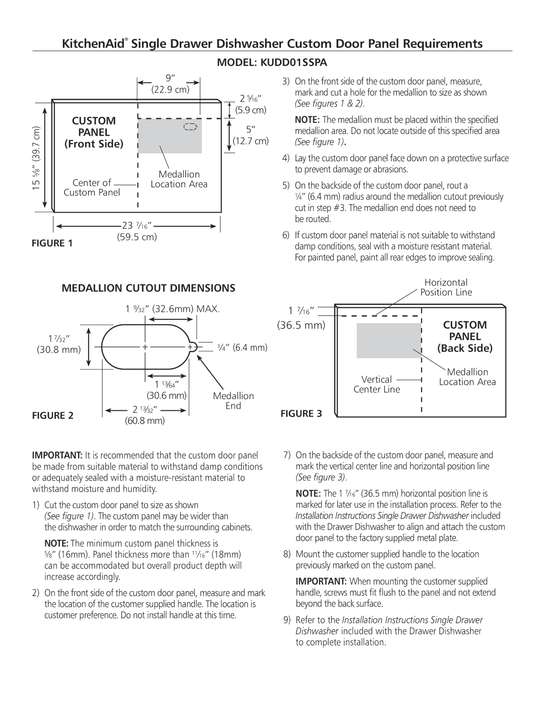 KitchenAid dimensions Model KUDD01SSPA, Medallion Cutout Dimensions 