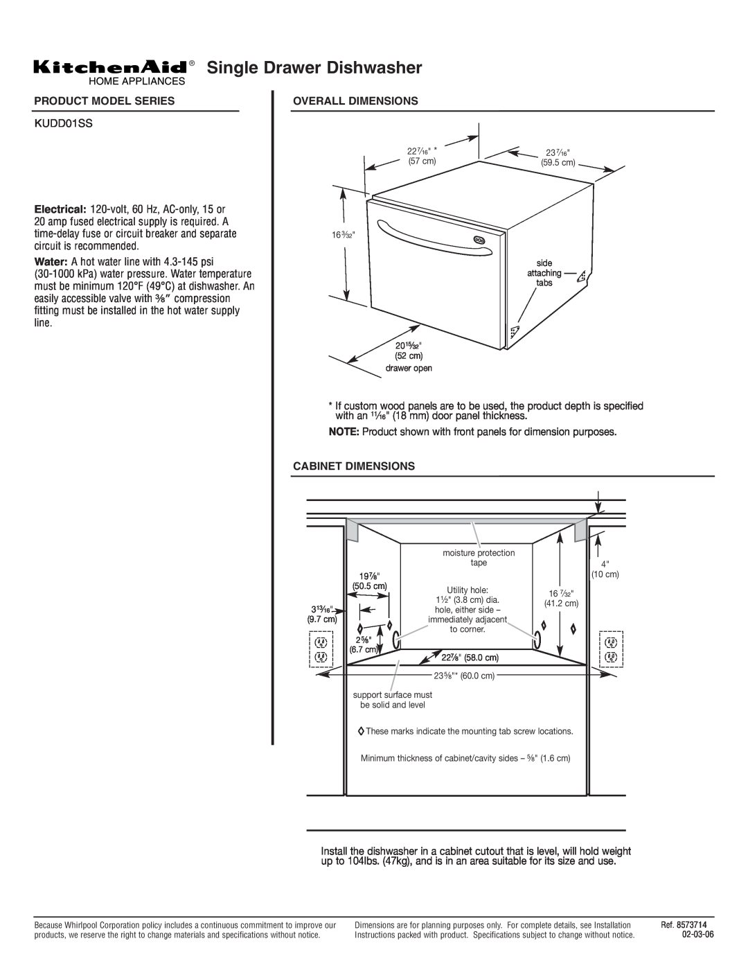 KitchenAid KUDD01SS dimensions Single Drawer Dishwasher, Product Model Series, Overall Dimensions, Cabinet Dimensions 
