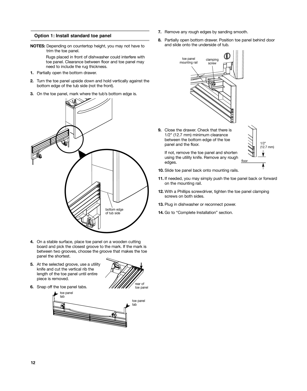 KitchenAid KUDD03DT installation instructions Option 1 Install standard toe panel 