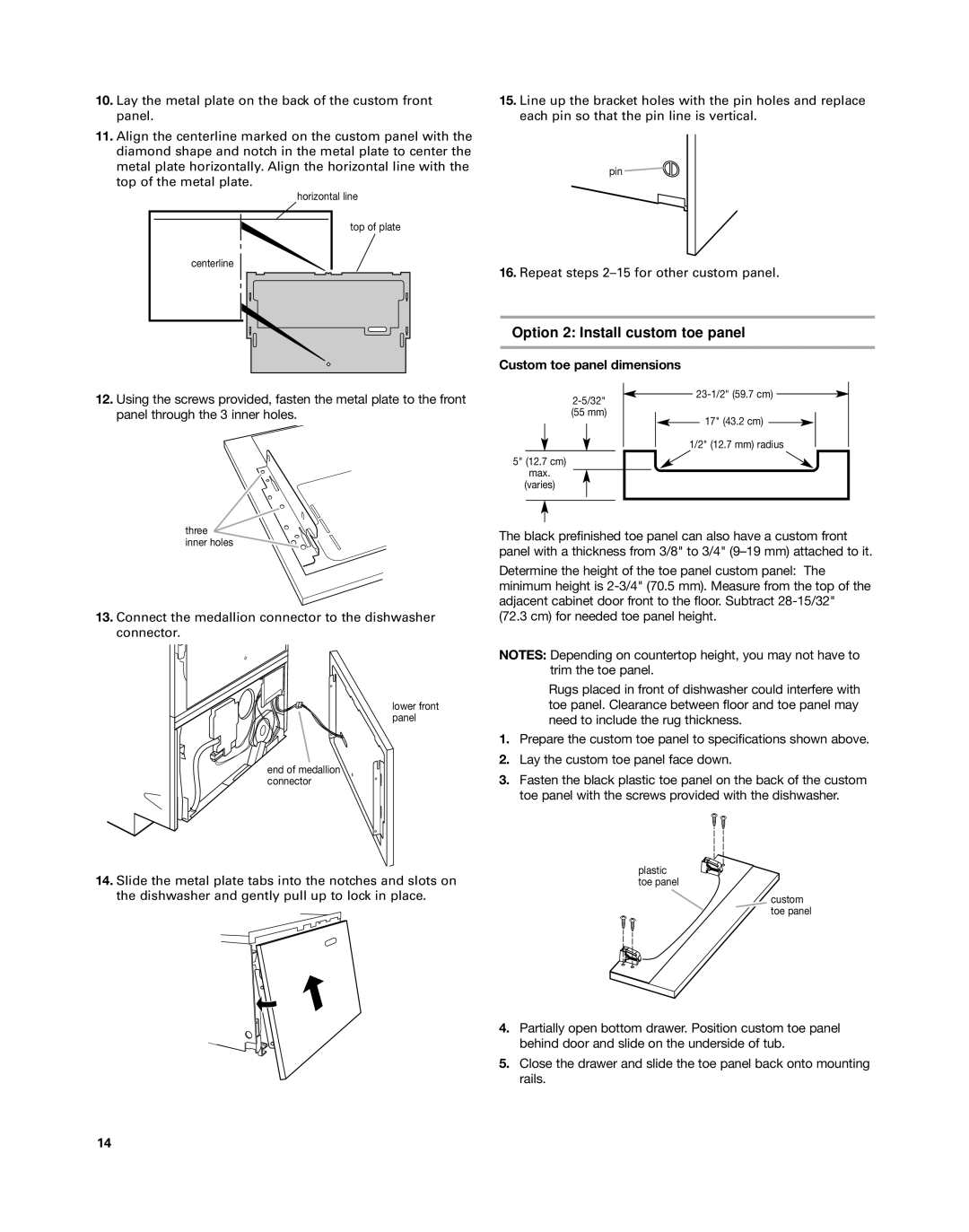 KitchenAid KUDD03DT installation instructions Option 2 Install custom toe panel, Custom toe panel dimensions 