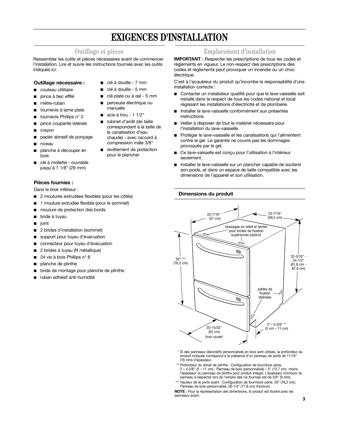 KitchenAid KUDD03DT installation instructions Exigences Dinstallation, Outillage et pièces, Emplacement d’installation 