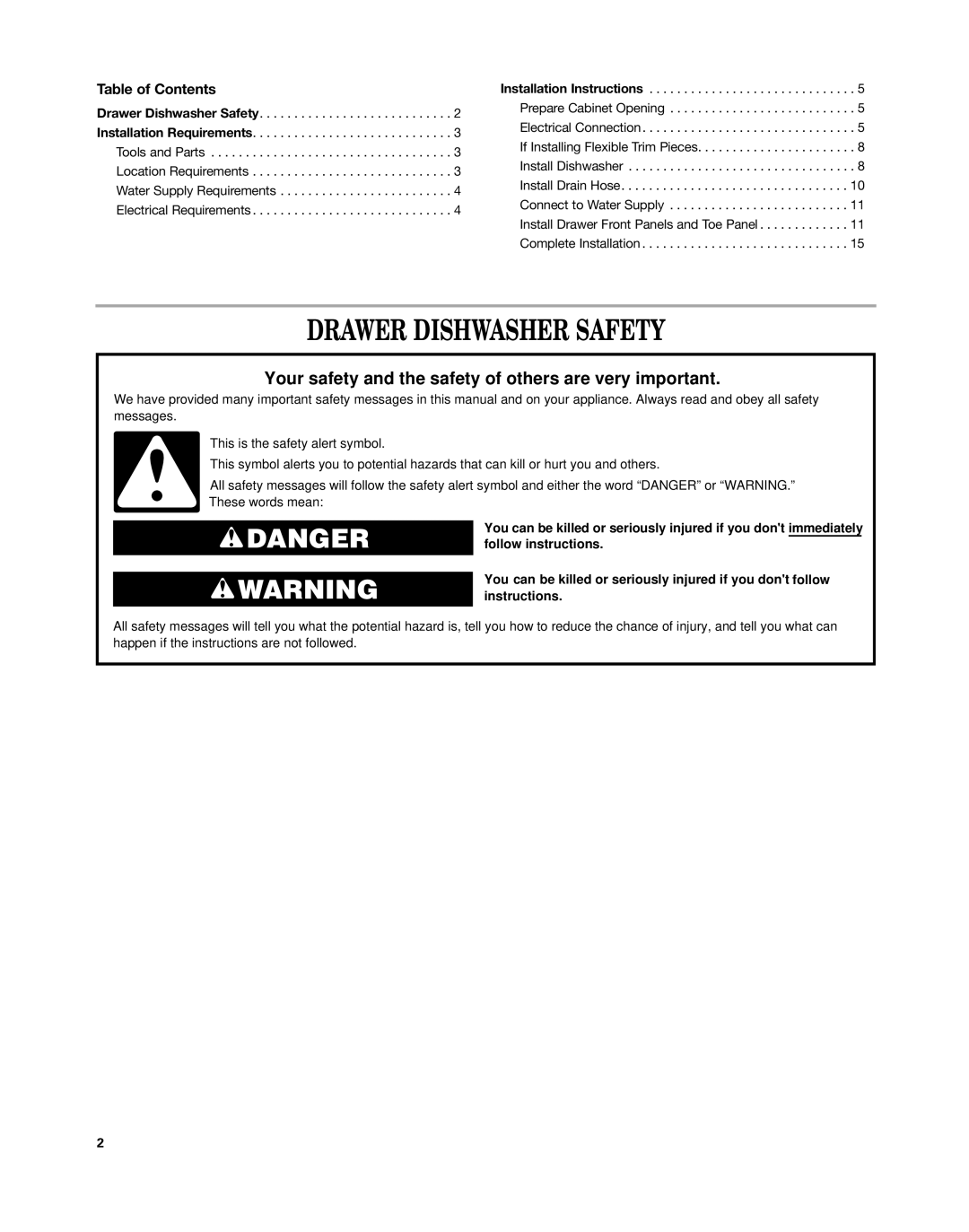 KitchenAid KUDD03DT installation instructions Drawer Dishwasher Safety, Table of Contents 