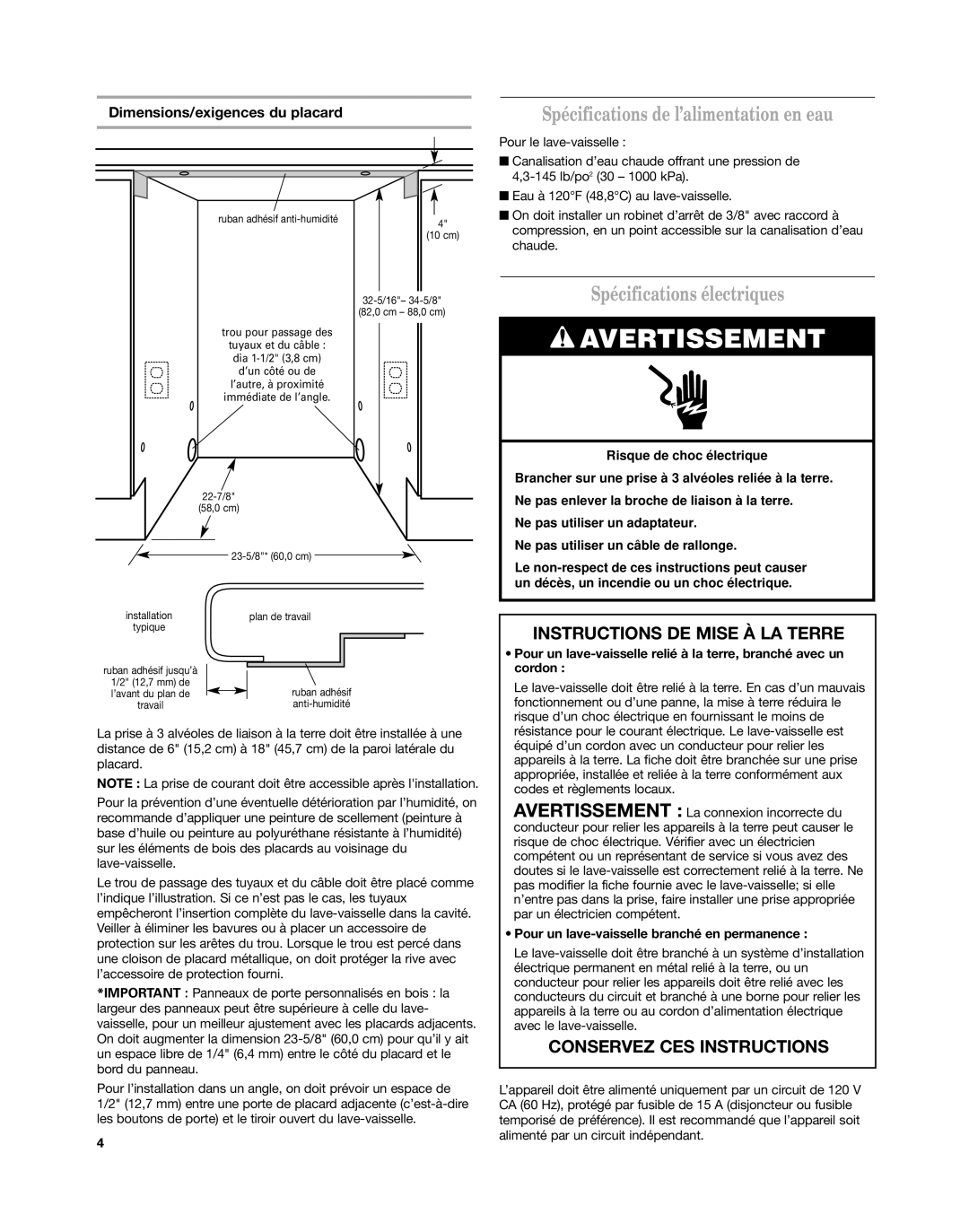 KitchenAid KUDD03DT Spécifications de l’alimentation en eau, Spécifications électriques, Dimensions/exigences du placard 