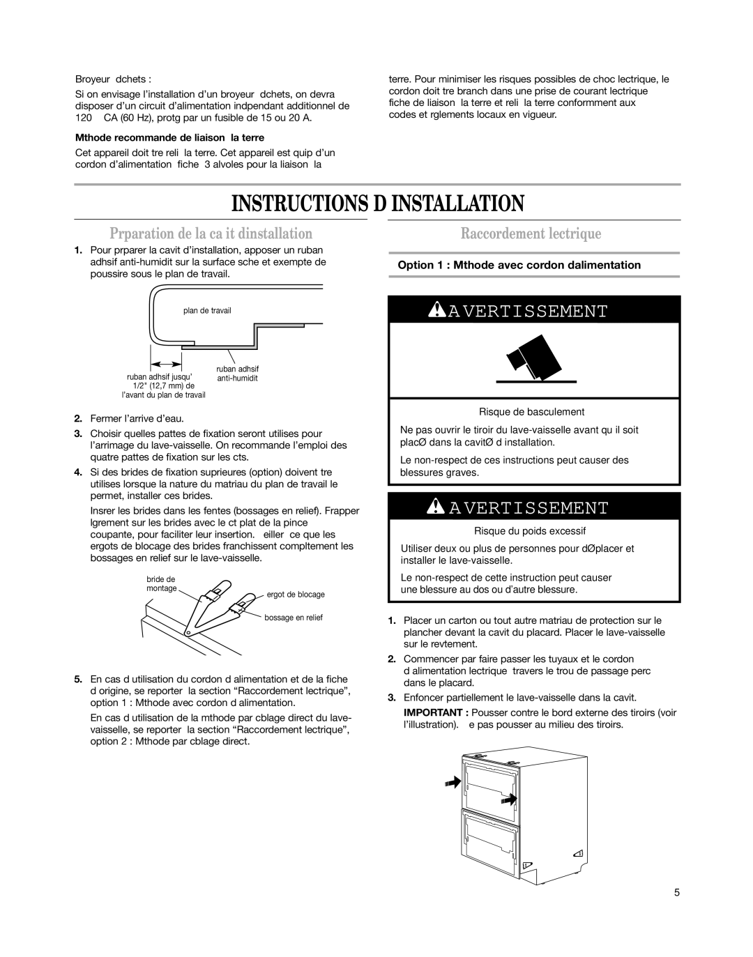 KitchenAid KUDD03DT Instructions Dinstallation, Préparation de la cavité d’installation, Raccordement électrique 