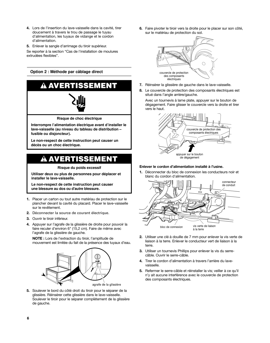 KitchenAid KUDD03DT Option 2 Méthode par câblage direct, Enlever le cordon d’alimentation installé à l’usine 