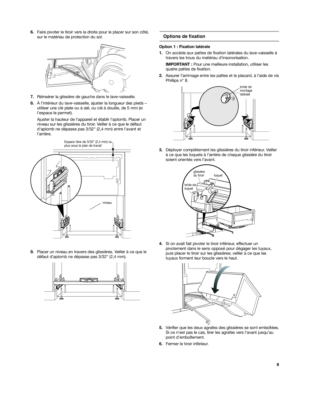 KitchenAid KUDD03DT installation instructions Options de fixation, Option 1 Fixation latérale 