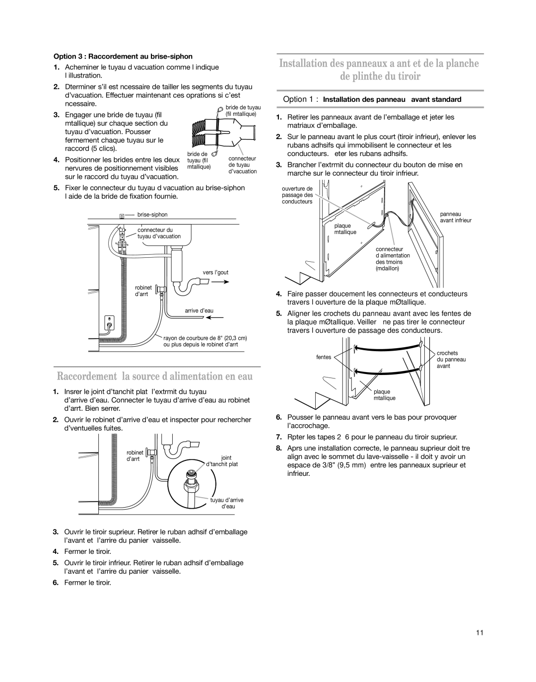 KitchenAid KUDD03DT Option 3 Raccordement au brise-siphon, Option 1 Installation des panneaux avant standard 