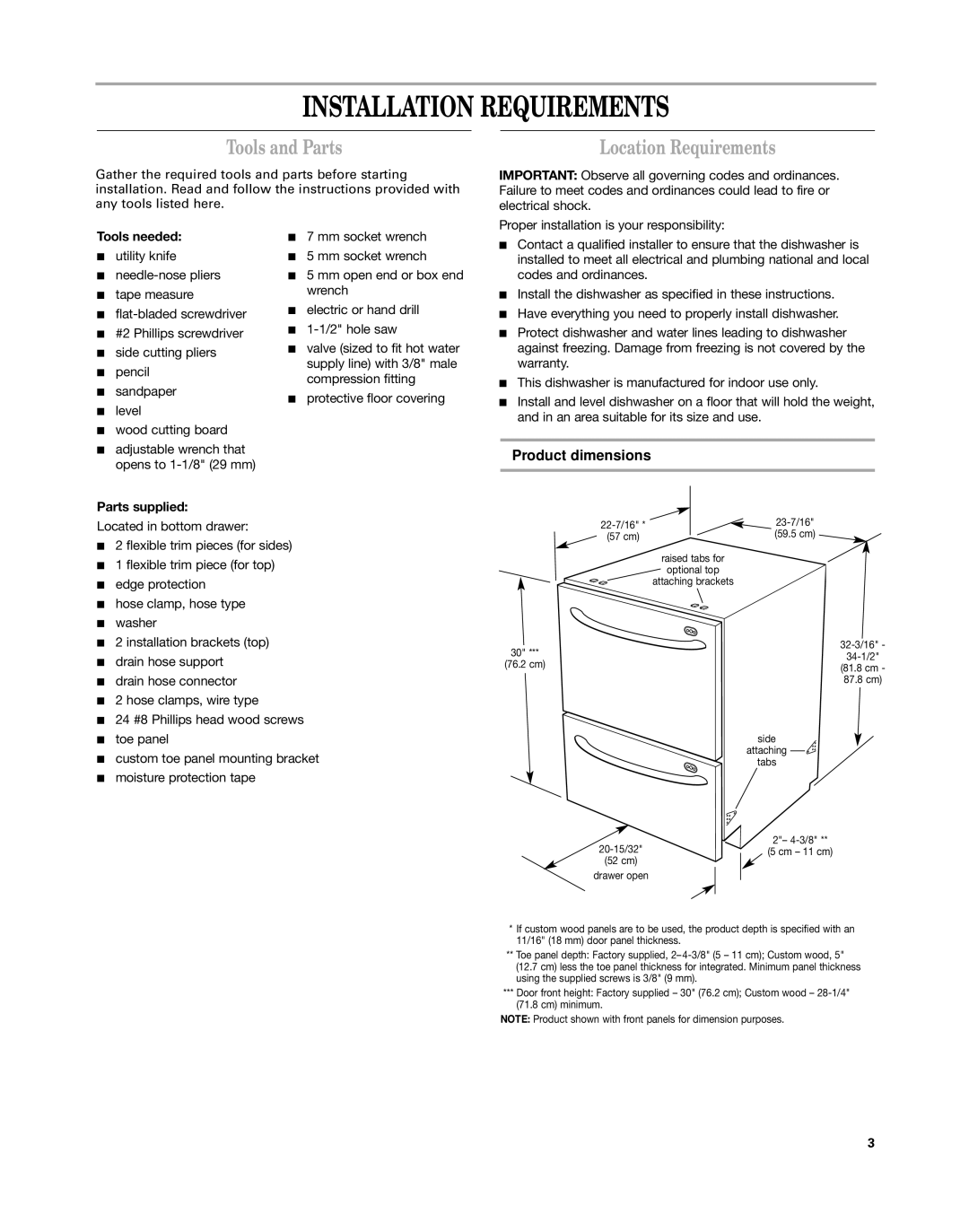 KitchenAid KUDD03DT Installation Requirements, Tools and Parts, Location Requirements, Product dimensions 