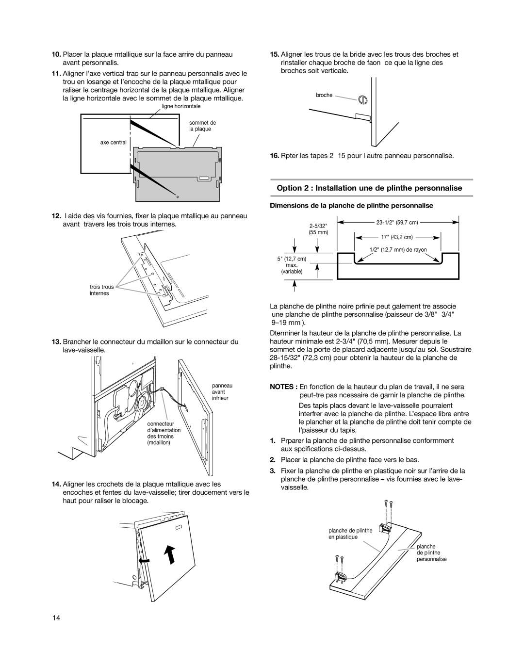 KitchenAid KUDD03DT Option 2 Installation une de plinthe personnalisée, Dimensions de la planche de plinthe personnalisée 