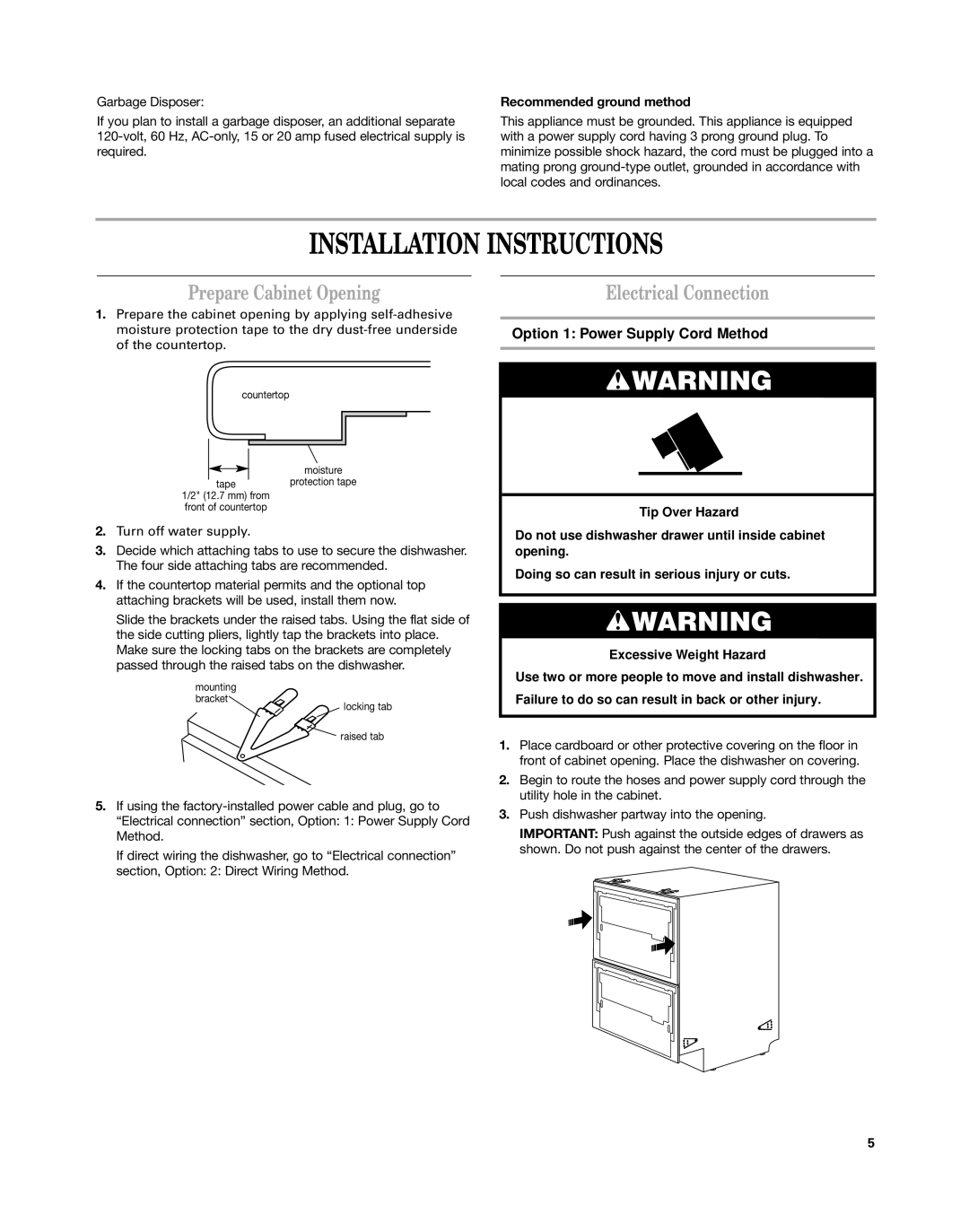 KitchenAid KUDD03DT Installation Instructions, Prepare Cabinet Opening, Electrical Connection, Recommended ground method 